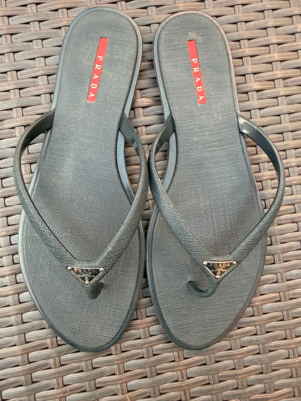 Prada Navy Logo Triangle-Plate Flip Flop Sandals